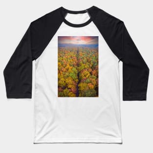 Aerial top down vertical panorama of road through the autumn forest Baseball T-Shirt